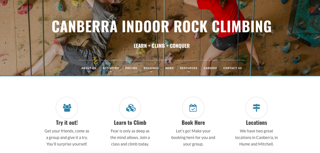 Image of the Canberra Indoor Rock Climbing website
