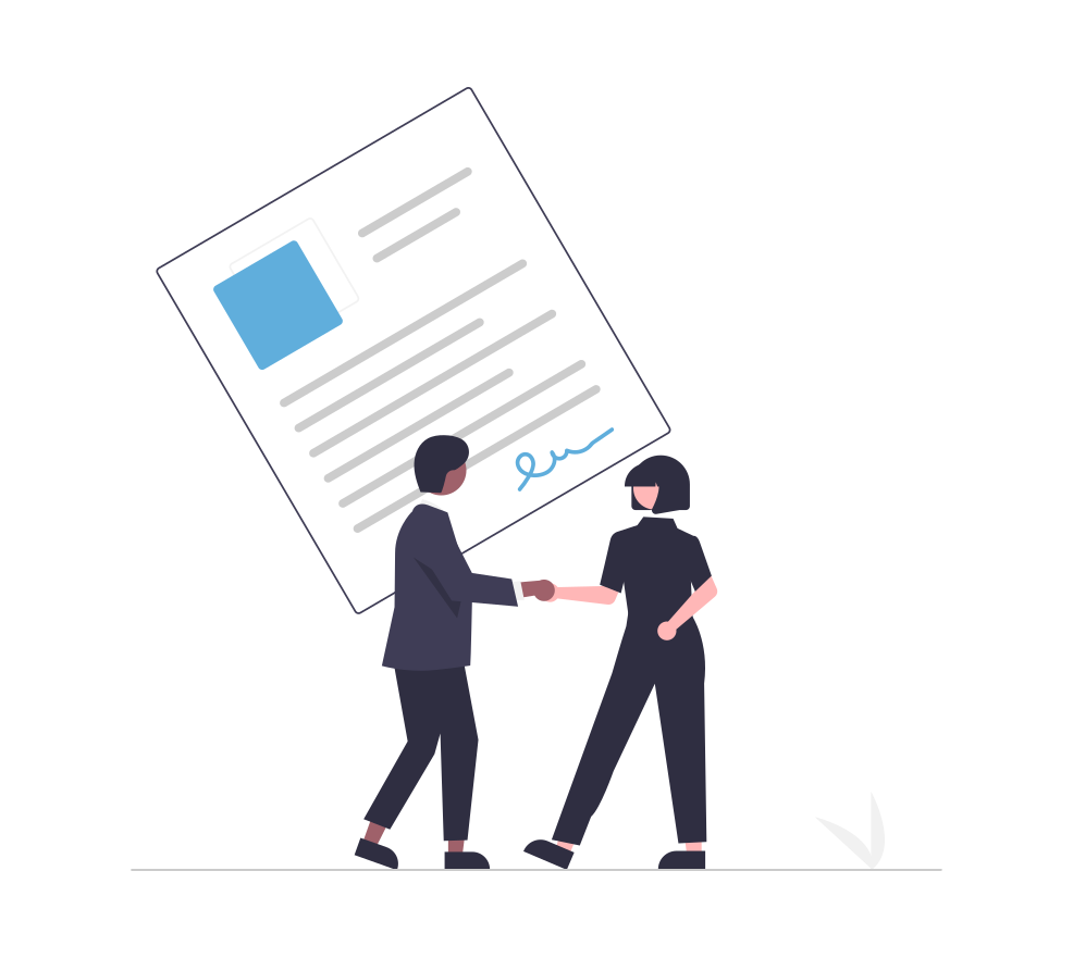 Graphic of two people shaking hands in front of a signed piece of paper