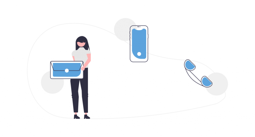 Graphic of a person holding an envelope, a smart phone and telephone next to them