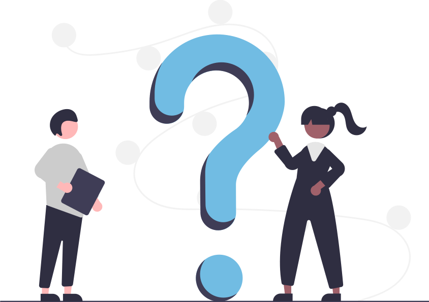Graphic of 2 people standing around a question mark 