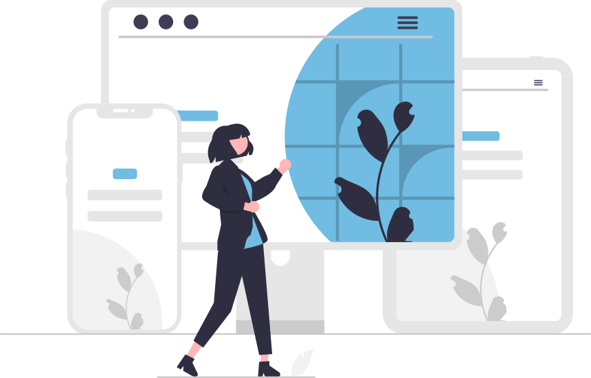 Graphic of a person in front of a device mockup