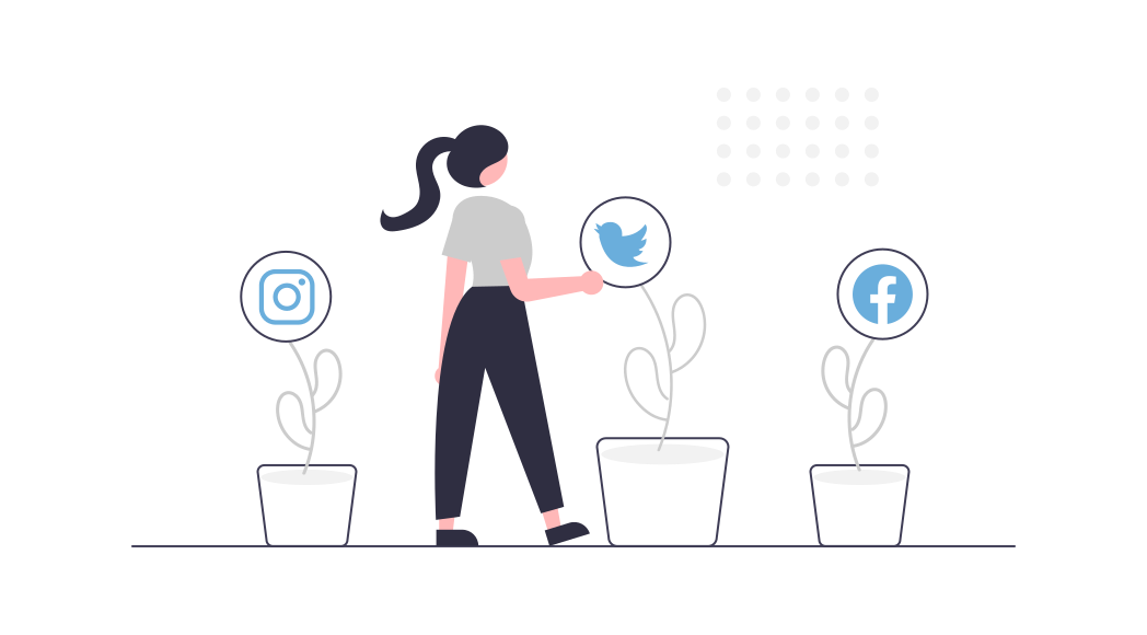 Graphic of a person and 3 pot plants with social media icons blooming