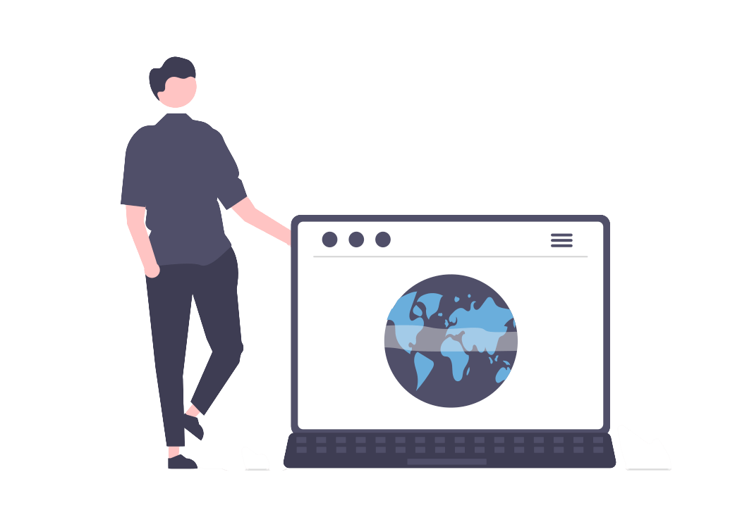 Graphic of a person standing next to an open laptop with a globe on the screen