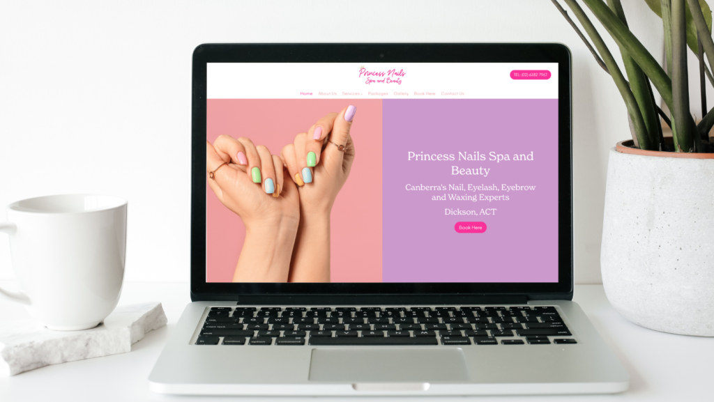 Princess Nails Spa and Beauty website homepage displaying on a laptop