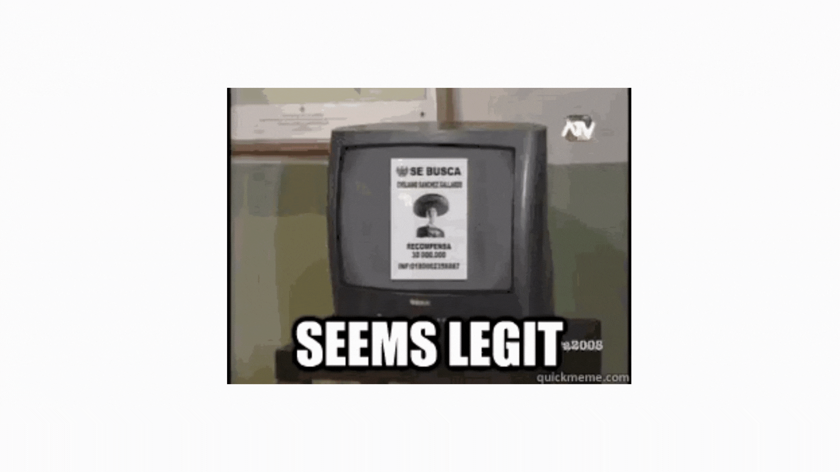GIF titled "seems legit". Two people looking at a TV with a poster on it